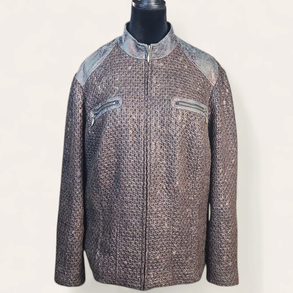 CHICO'S| Brown Bronze Copper Tweed Metallic‎ Full Zip Gold Lined Jacket | XL 16